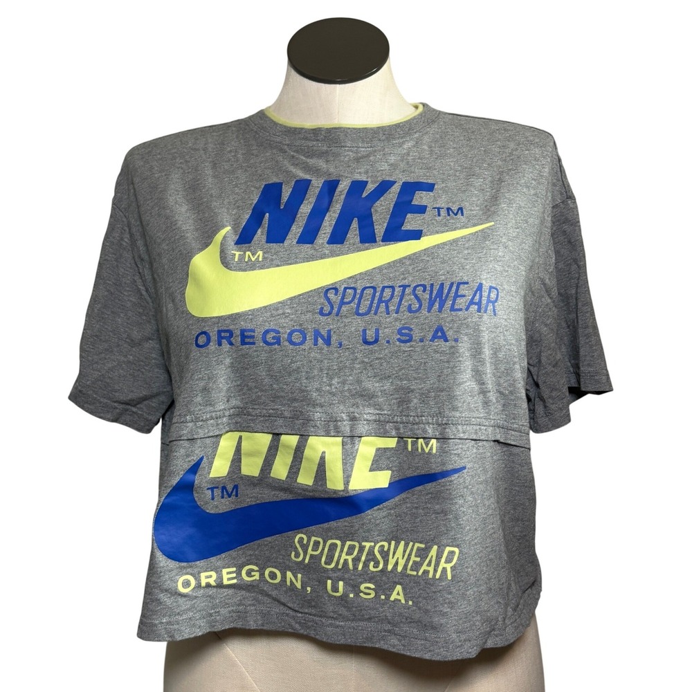 Nike Sportswear Womens Large‎ Gray Neon Blue Double Logo Cropped Graphic Tee